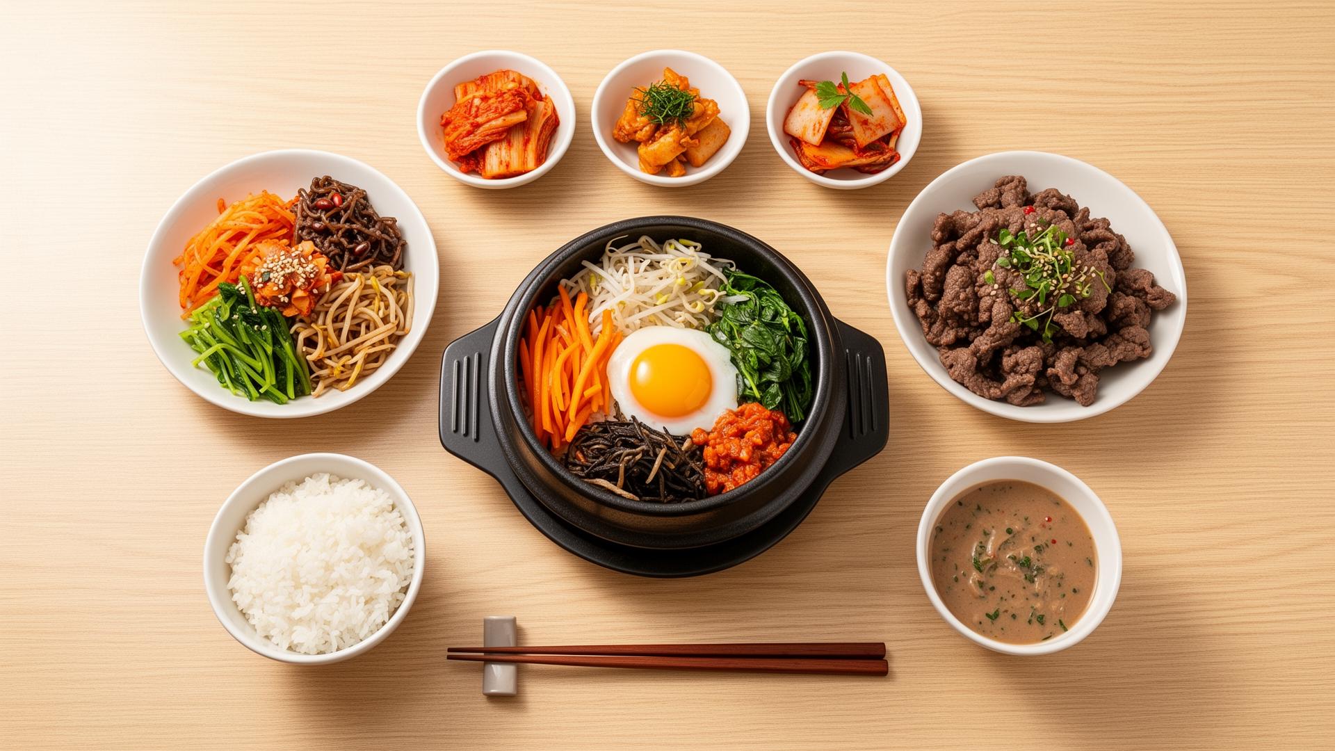 A Korean feast with bibimbap, bulgogi and banchan on a light wooden table